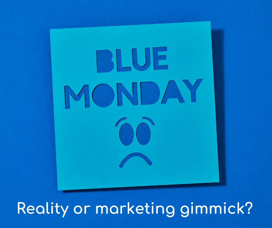 post-it note with Blue Monday cut out in letters against a blue background