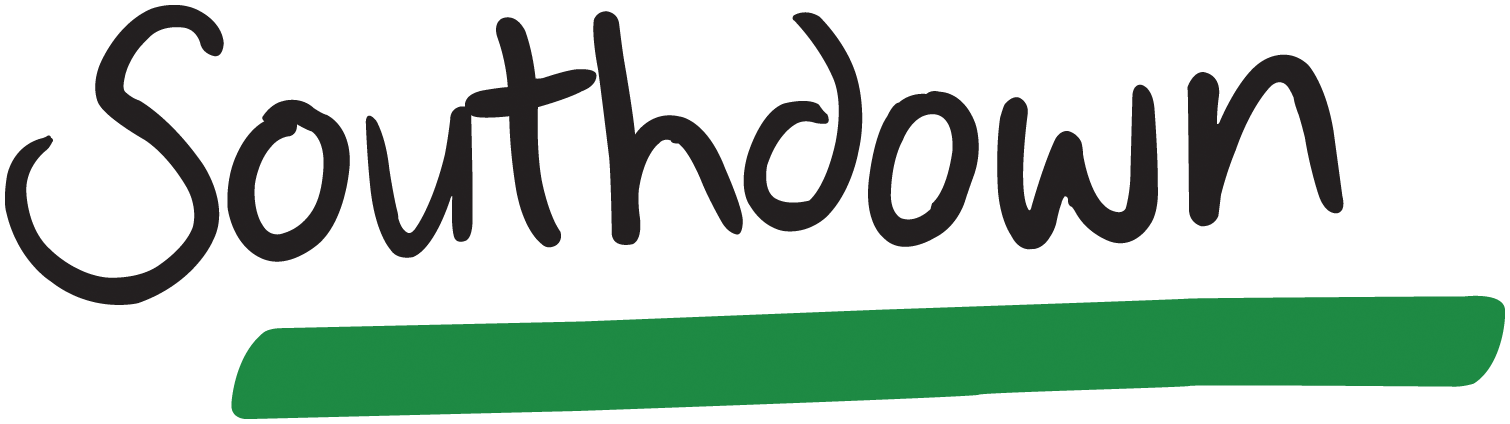 Southdown logo with black type and green strip below it